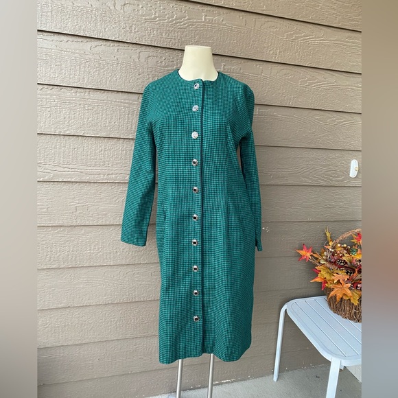 Vintage Wool Dress Houndstooth Pattern Black Green Long Sleeve Tailored M - Picture 2 of 15